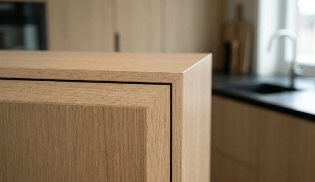 Une photo macro haute précision d'un bord de porte d'armoire biseauté à 45 degrés avec une ligne de colle sans couture, produite par une machine de baguage de bord biseautée entièrement automatique.