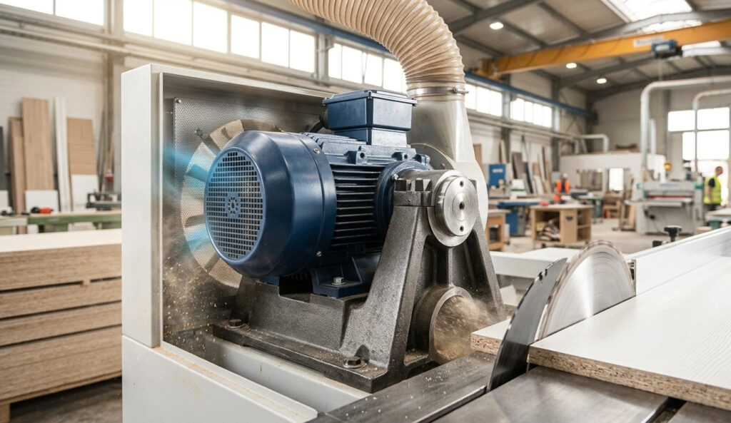 Un instantané en gros plan photoréaliste capturant une vue dynamique à l'intérieur d'une usine professionnelle de travail du bois en intérieur pendant un quart de travail actif au premier plan se concentre fortement sur le moteur industriel de 5,5 kW à couple élevé et bleu foncé et son cadre de tourillon en fonte renforcé critique, agissant comme un dissipateur thermique important Des ailettes de refroidissement étendues sur le boîtier du moteur et un écran à mailles propres assurent une prise d'air frais, tandis que la poussière de bois est évacuée dynamiquement dans de grands tuyaux d'extraction de poussière en tête et un port inférieur près de la lame de scie circulaire rapide coupant une planche MDF à face mélamine La lumière naturelle des fenêtres hautes met en évidence les textures métalliques robustes et le panache frais sous un éclairage ambiant lumineux.