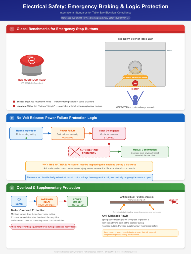 Le tableau explicatif de l'infographie a vu les normes de sécurité électrique : placement du bouton d'arrêt d'urgence dans la zone du triangle d'or de l'opérateur, logique de déverrouillage sans volt empêchant le redémarrage automatique après une panne de courant, relais de protection contre les surcharges du moteur et mécanisme de cliquet anti-retour selon la norme CEI 60204-1
